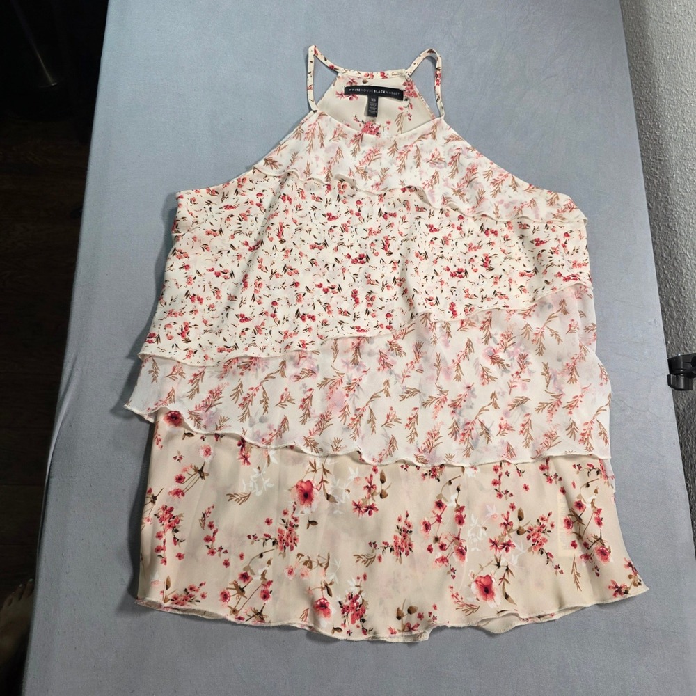 White House Black Market Floral Halter Top XS Cream Pink Tiered Ruffle‎ Blouse